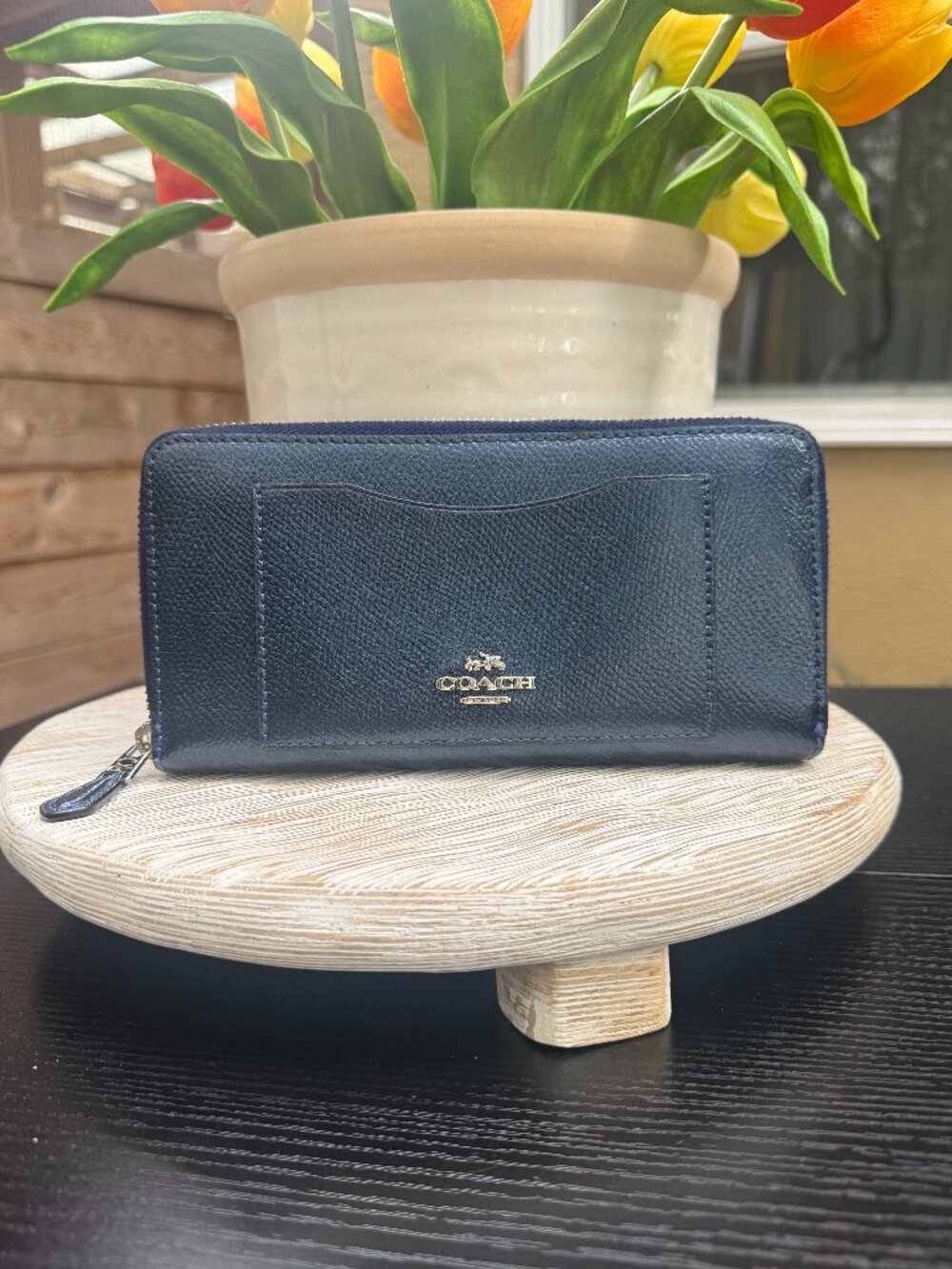 Coach Zip Around Continental Accordion Wallet Clutch Large Midnight Navy Preppy
